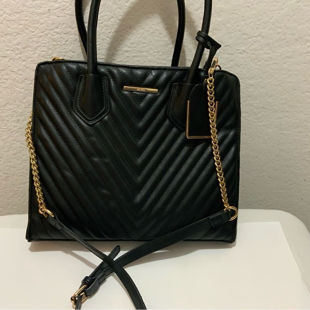 Aldo Womens Satchel Handbag Black Pockets Dual Handle Chain Zipper Faux Leather - Picture 6 of 16